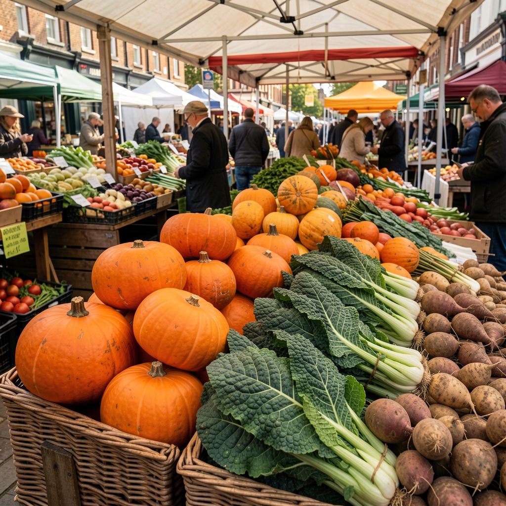 Colourful seasonal vegetable display at a London farmers market with autumn squash, kale bundles, and root vegetables