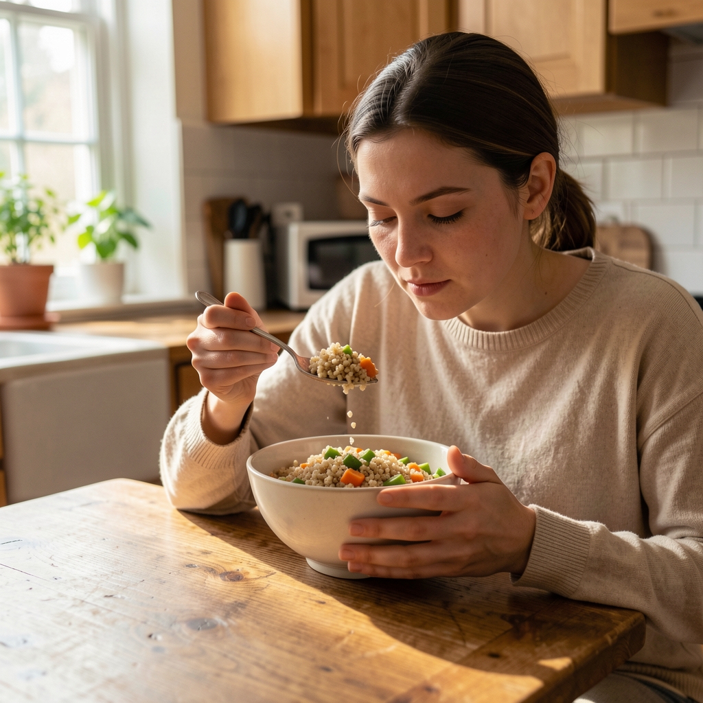 Person eating a bowl of grain and vegetable meal slowly at a wooden table in a quiet home kitchen with morning light