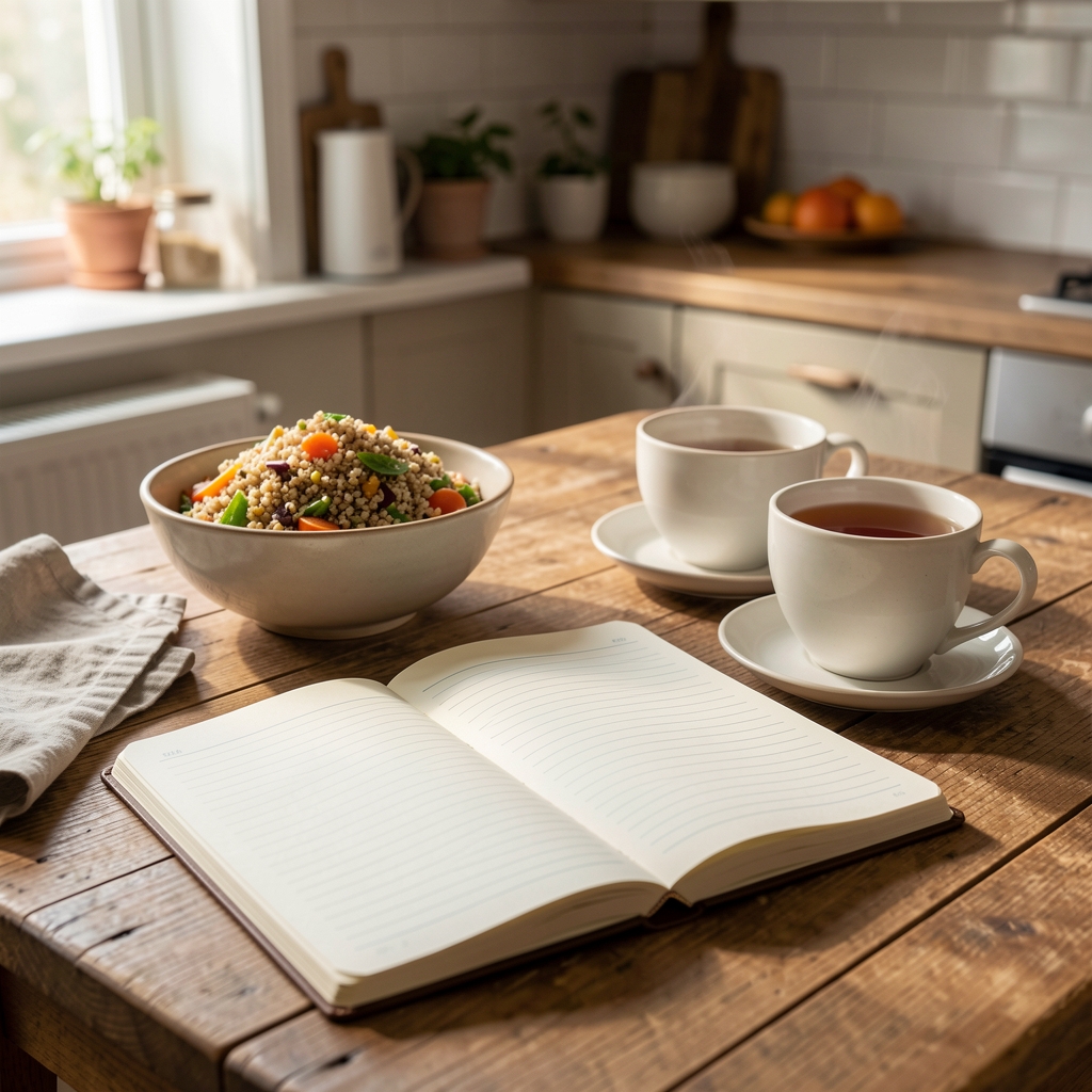 Open field notebook on a wooden kitchen table beside a bowl of grain salad and a cup of tea in morning light