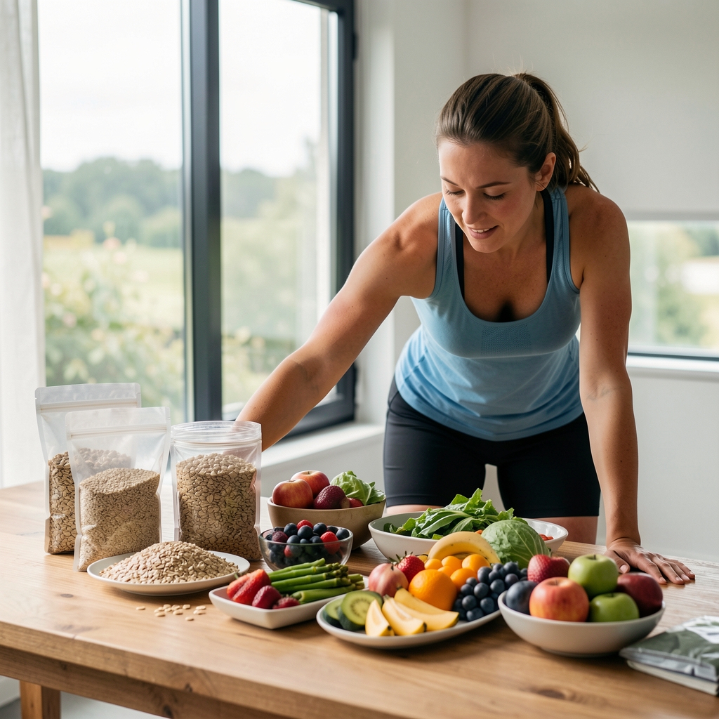 Runner stretching beside a table of whole grains, fresh fruit and vegetables prepared for an active lifestyle meal