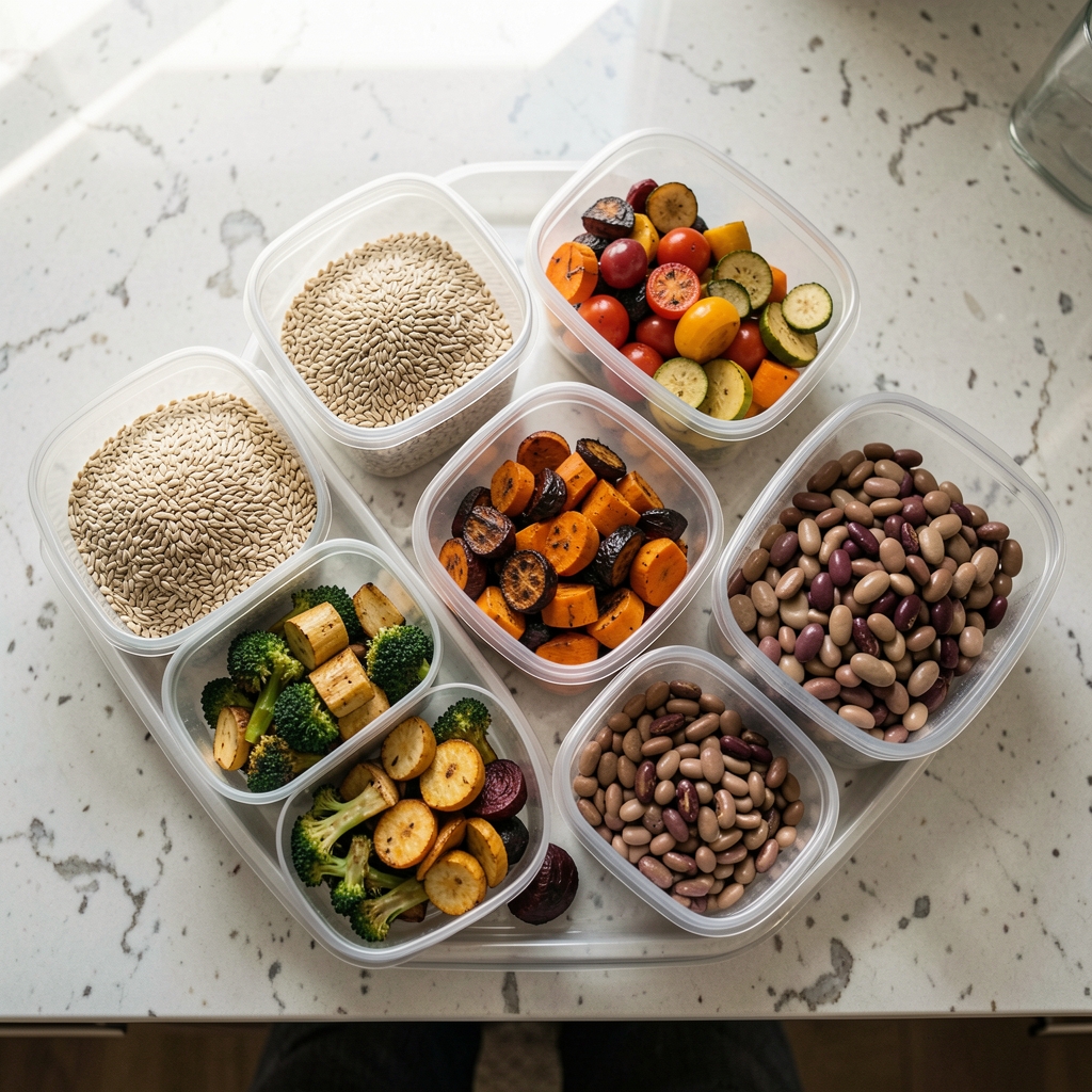 Overhead view of meal prep containers filled with whole grains, roasted vegetables, and legumes arranged on a kitchen counter in natural daylight