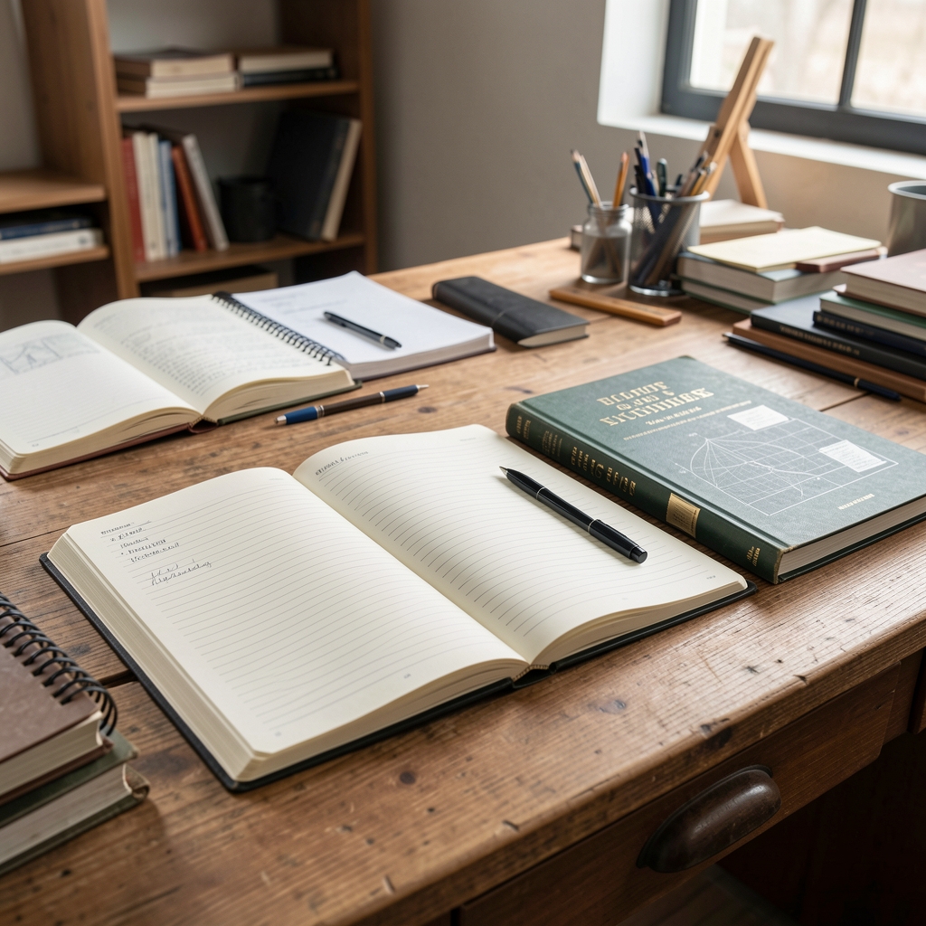 Open field notebooks and research journals arranged on a wooden desk in a quiet editorial workspace under considered studio lighting
